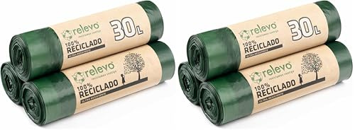 Relevo 100% Reciclado Bolsas de Basura, extra resistentes 30 L, 60 bolsas (Paquete de 2)