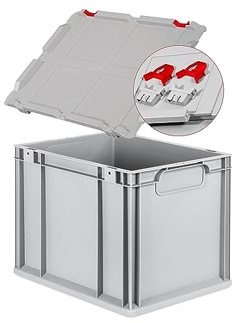 Eurobox NextGen Economy 40x30x32cm Griffe geschlossen mit Scharnierdeckel grau, Kunststoffbox 30 Liter stapelbar Transportbox, Campingbox Farbe Deckel-Verschlüsse wählbar (Verschlüsse Rot)