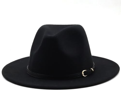 HEYANN Cappello da Donna Uomo Classico Fedora con Tesa Larga con Fibbia da Cintura in Feltro Cappello Trilby da Uomo Panama Cappello Jazz per Donna Uomo, Nero , M
