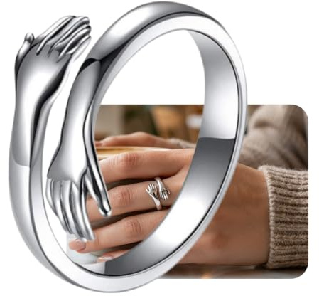 Bague Câlin Femme Ajustable en Acier Inoxydable – Bijou Élégant Mains Enlacées, Confortable, Couleur Argent