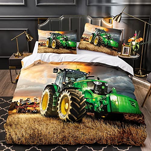 CTQTZ Traktoren Bettwäsche 155x220 3D Gedruckter Traktor Bettbezug mit Reißverschluss Schließung Bettbezug Set 3 Teilig Traktor Fahrzeuge Bagger Mähdrescher Bettwäsche Set Weich Mikrofaserbettwäsche
