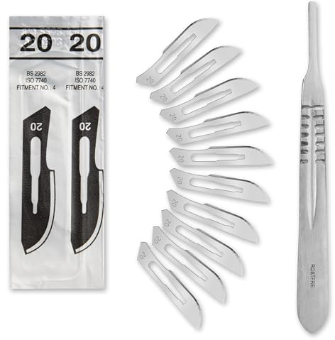 Set - 50 Stück sterile Skalpellklingen Figur 20 aus Karbonstahl - Ersatzklingen + 1 x Shehadeh - Skalpell-Halter - Edelstahl