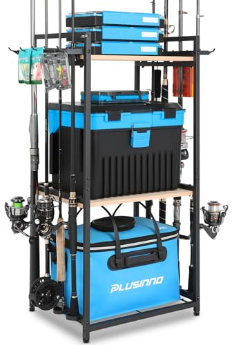 PLUSINNO 3 Tier Fishing Rod Holder, Fishing Pole Holders for Garage, Fishing Rod Rack Fishing Rod Storage Up to 8 Rods, Fishing Gear Tackle Box Fishing Equipment Organizers, Fishing Gifts for Men