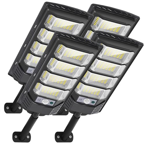 Eontim Solar Street Lights Outdoor, Wide-Angle LED Flood Light with Motion Sensor, Dusk-to-Dawn, Waterproof, Solar Powered Security Light for Yard, Driveway, Garage, Barn (4 Pack)