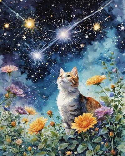 Kat Malen Nach Zahlen Erwachsene, Garten Malen Nach Zahlen Kinder Klein 40x60cm, DIY Set Erwachsene Handgemalt Leinwand Ölgemälde, Acrylfarben mit 3 Set Pinseln, Zimmer Deko Aesthetic Geschenke -Y395