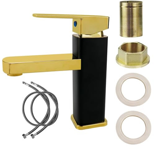 Grifos Monomando para Lavabos de Baño, Grifo Bañera Alto Cascada Negro, Agua Fría y Caliente con Dos Mangueras