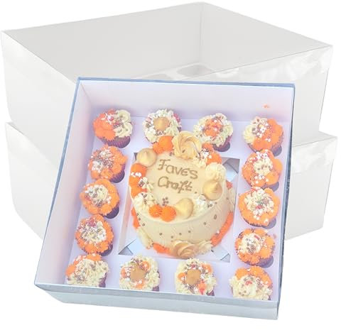 FAVES' CRAFT N MORE 15 Hole Bento Cake Box Cupcake and Cake Box Set, 14 Cupcake Holes, 8 inch Wide Cake Hole, Square White, Clear Lid For Carrying and Packaging Birthday Cakes, Christmas (10)
