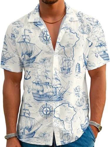 Hawaiian Shirts for Men Summer Beach Casual Short Sleeve Button Down Shirts Retro Pen Drawing Sailing Boat Print Travel Beach Shirts