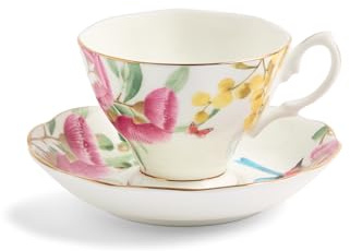 Miranda Royal Albert Kerr - Juego de taza de té y platillo de porcelana fina, patrón floral australiano, ribete dorado, blanco