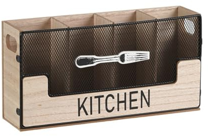 Tuesoa Porte-Ustensiles de Comptoir de Cuisine en Métal Associé à Un Organisateur de Couverts en Bois, 4 Compartiments pour Spatule, Couverts Durables, Noir