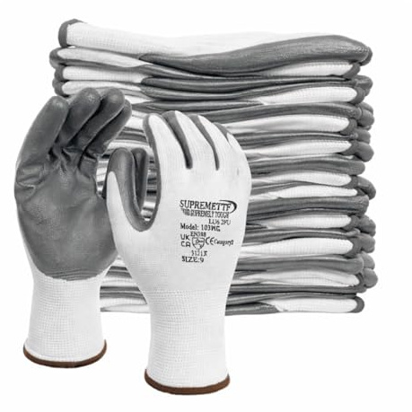 Supreme TTF 24 Pairs White Grey Nitrile Coated Palm Nylon Builders Safety Work Gloves Builders Construction Gardening Grip (XXL (Size 11))