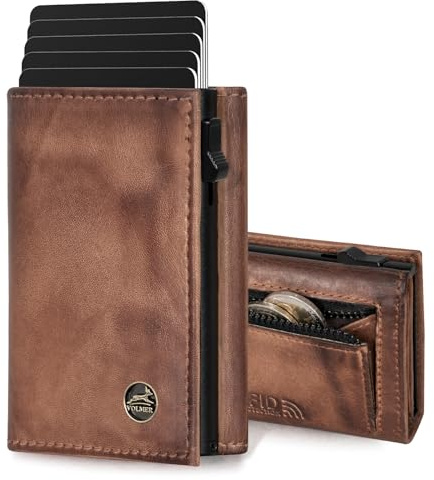 Fa.Volmer ® POP-UP Kartenetui mit Münzfach aus Echtleder für Herren & Damen | 11 Karten | RFID Schutz | Geldbörse VO44 (Antique Brown, Kleines Münzfach)