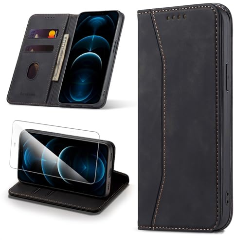 Leaisan Handyhülle für iPhone 12/iPhone 12 Pro Hülle [mit Panzer Schutz Glas] Premium Leder Ständer Kartenfach Magnetische iPhone 12/12 Pro Klapphülle Stoßfeste Flip Case Schutzhülle Tasche - Schwarz