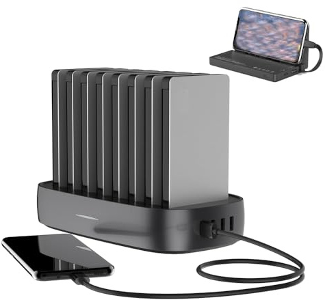 Domars Stazione di Ricarica con Cavi Integrati, Dock Batteria Portatile da 8000 mAh x 8, Power Bank Phone con Alta Capacità, Ricarica Portatile All-in-one per iPhone 17/16/15/14/13/12 Serie