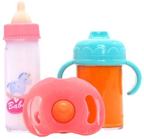 BEAHING Set di 3 biberon per bambole con ciucci, simpatici biberon Magics con latte o succo che scompare, divertenti accessori per bambole di simulazione per bambini, giocattolo per