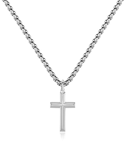 REVEMCN Silver Cross Necklace fro Men and Boys, 316L Stainless Steel Men's Cross Pendant Chain Necklace, Christian Jewellery Gift for Son (Silver Bevel Cross, 16 Inch (40 cm))