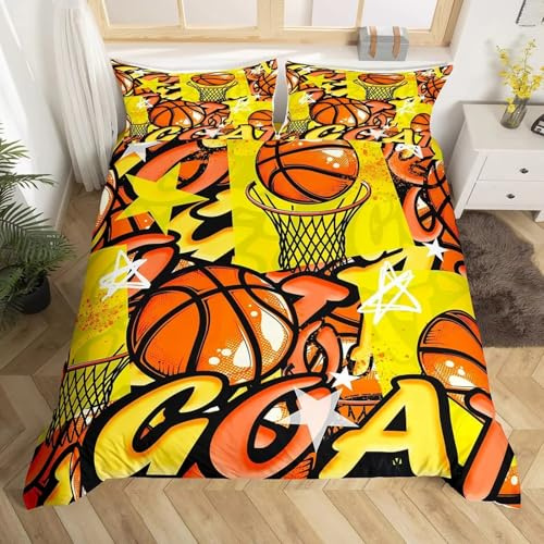 SJSXWQN Parure de Lit 220x240 cm Adulte Ballon De Basket Jaune Housse de Couette 2 Personnes avec Fermeture Éclair Doux Respirant Microfibre Housse de Couette et 2 Taie d'oreiller 65x65 cm