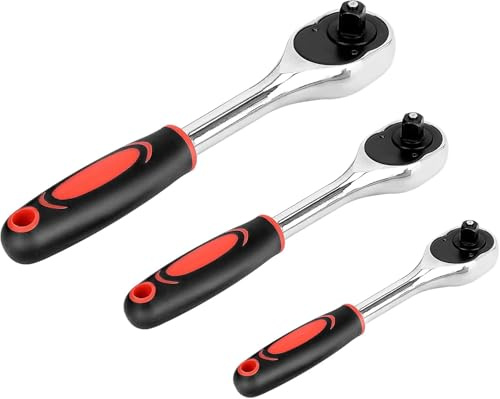 Blue BAZAAR3 Pack 1/4 3/8 1/2 Socket Wrenches Ratchet Spanner Set Drive Tool Set Heavy Duty Quick Lever Release Wrench with Cushion Grip Handle Lock for Furniture Auto Car Repair