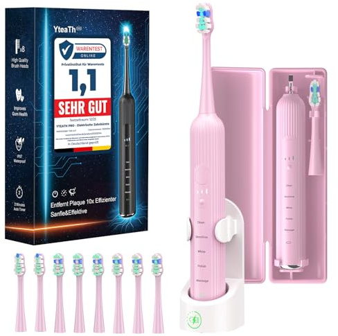 Elektrisk sonisk tandborste för vuxna och barn, 5 rengöringslägen med 3 intensitetsnivåer, timer, 8 reservborsthuvuden och resväska, uppladdningsbar Sonic Toothbrush