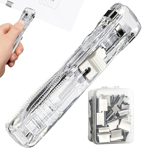 Tragbarer Binder Clip Hefter | Papierbinderklammern | Schreibtisch Dokumenten Organizer Tischhefter mit 50 Wiederverwendbaren Klammern | Handgehaltener Push File Clamp Verschluss Clips Spender
