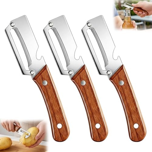 Multifunctional Vegetable Peeler, 3Pcs 2 in 1 Kitchen Peeler with Bottle Opener, Wooden Handle Peeler for Efficient Meal Preparation, Portable Kitchen Gadgets for Fruit, Potato, Apple, Pumpkin