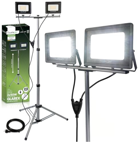 Lumiled® Baustrahler LED mit Stativ 10000lm Gesamtleistung 2x50W Arbeitsleuchte 4000K Höhenverstellbar bis 160cm Teleskopstativ IP65 360° Drehung Werkstattlampe Baustelle Garage Außen Kabel 1.8m
