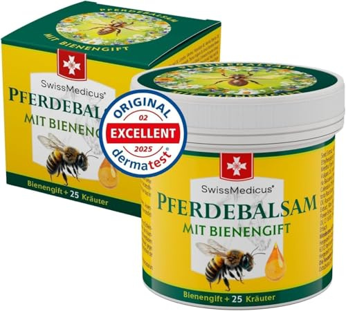 SwissMedicus hästbalsam med bingift, formula med 25 örter, 250 ml burk | En kylande och värmande salva med bigift för hudmassage, med hästkastanj, vallört, mentol, kamfer, rosmarin och pepparmynta