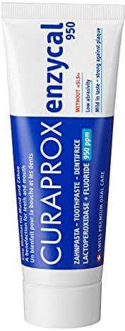 Curaprox Enzycal 950 Tandkräm, 75ml, Tillverkad I Schweiz | Mild Fluoridtandkräm Med Enzymer För Skonsam Daglig Munvård, Låg Slipverkan, Fräsch Smak, SLS-Fri