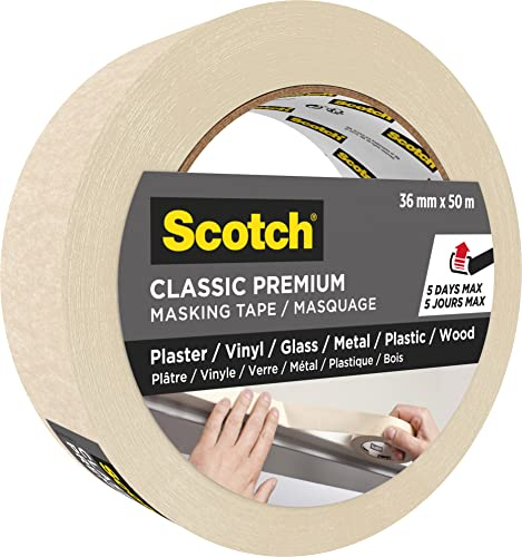 Scotch Ruban de Masquage de Peinture Classic, 36 mm x 50 m, Ruban de Masquage Beige pour Travaux de Peinture et de Rénovation