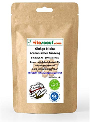 500 vegetarische Tabletten - Ginkgo biloba & Panax Koreanischer Ginseng - Formula-MIX-Extrakt entspricht 4000mg - HOCHDOSIERT - PREMIUMQUALIÄT - MADE IN GERMANY - OHNE MAGNESIUMSTEARAT