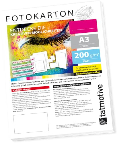 TATMOTIVE Fotokarton DIN A3 125 Blatt 200g MATT weiß | Fotopapier beidseitig bedruckbar Laserdrucker satiniert ideal zu schneiden und zu falzen für Fotos Visitenkarten
