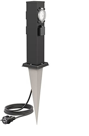 ledscom.de Garten-Steckdosen-Säule Polly mit Erdspieß und 2m Kabel für außen, IP44, 3-Fach mit Timer/Zeitschaltuhr, Edelstahl, schwarz, 38cm