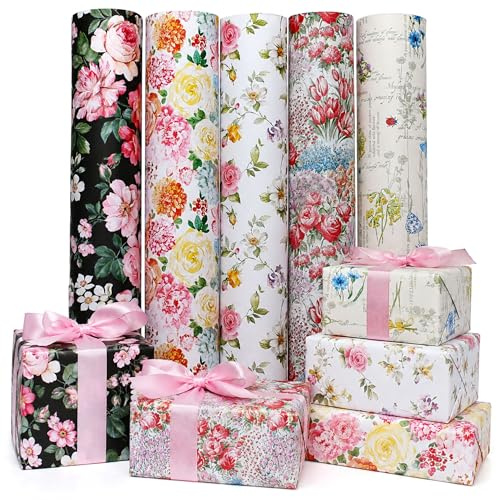 Geschenkpapier Blumen 5 Rollen – Florales Geschenkpapier Set 70 cm x 2 m – Gerolltes Geschenkpapier mit Rosen, Tulpen & Wildblumen für Geburtstag, Hochzeit, Muttertag & Frühling
