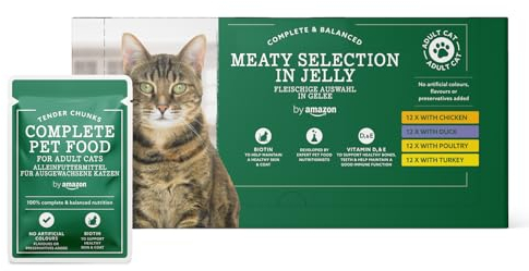 by Amazon Katzenfutter, nass, getreidefreies, für ausgewachsene Katzen, Fleischauswahl in Gelee, 4,8 kg (48 Packungen à 100 g)