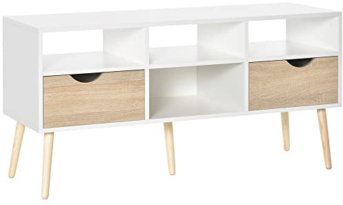 HOMCOM Mobile TV Moderno con Cassetti e Vani Aperti per TV fino 50'', Mobiletto TV Basso da Salotto con Gambe in Legno, 117x39x57cm, Bianco