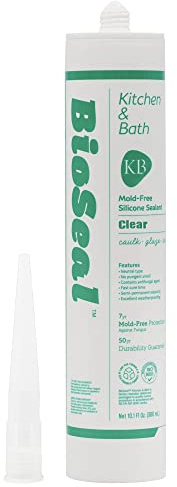 Clear BioSeal 100% Silicone Sealant Caulk Kitchen and Bath Grade, Waterproof and No Odor No Color Change 10.1 Ounce Cartridge, Clear