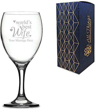 Personalised Engraved Wine Glass with World's Best Wife Design, Gift Boxed, Personalise with Any Message for Valentines, Anniversaries