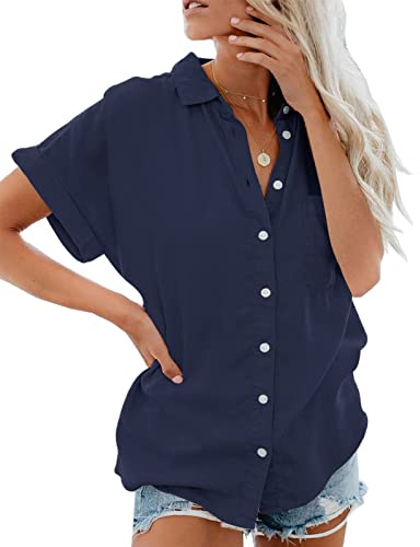 Xnova Chemisier Femme Manches Courtes Col V Chemise T-Shirt Été Couleur Unie Élégant en Mousseline Boutons avec Poche Casual Chic Short-Sleeve Blouse Tops(Bleu, S)