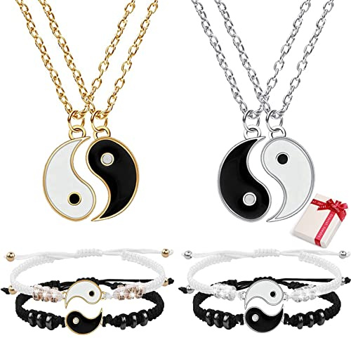 Feelairy 8pcs Yin Yang Armbänder Halskette Set, Verstellbare Pärchen Armband Ying YangKette, Tai Chi Armband Freundschaftsarmband Beste Freund Halskette, BFF Geschenke für Freund Freundin