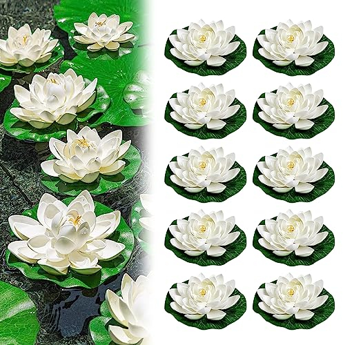 LWuuywa Fiori galleggianti, 10 pezzi, ninfea artificiale, fiori di loto, decorazione per laghetti (bianco)