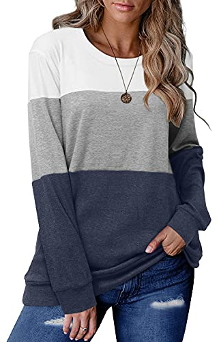 Magritta Långärmad tröja för kvinnor med rund hals T-shirt blus färgblock pullover toppar, B-vit blå, 44-46