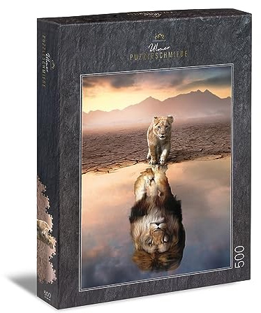 Ulmer Puzzleschmiede - Puzzle Spieglein, Spieglein“ - Visionäres 500 Teile Puzzle mit kreativem Tier-Charakter - der kleine Löwe mit dem großen Selbstbewusstsein entdeckt Seine Wilde Natur