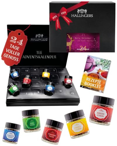 Hallingers Merry Christmas – Happy New Year – Calendrier de l'Avent de luxe 2025, thé de qualité supérieure dans un verre, pour femmes et hommes, fait à la main (ensemble) – Idées cadeaux de Noël