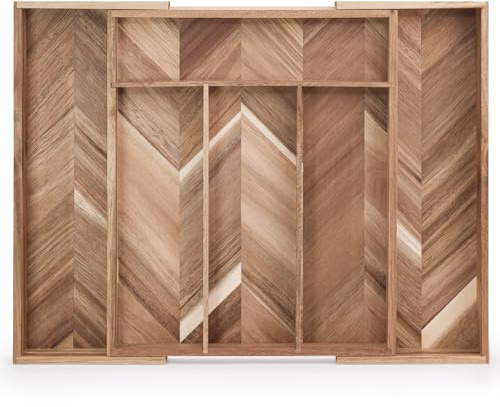 woodluv Cutlery Tray, Drawer Dividers For Kitchen Utensil Organiser, Expandable Tray for Office Supplies, Storage for Cutlery, Large - Acacia Wood