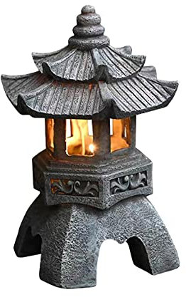 Pesoncarl Décoration de Jardin, Statue de Jardin Pagode, Style Japonais, Résine Résistante aux UV, Lanterne Solaire, Gris