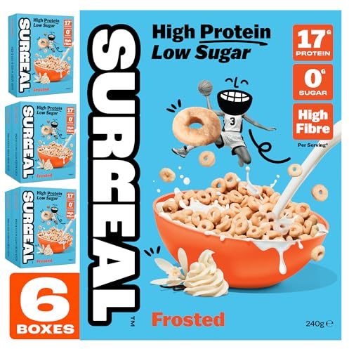 Surreal Frosted - High Protein Cereal 6 Pack - Zero Sugar- Healthy Plant Based Cereal - High in Fibre - Low Carb - Gluten Free - Vegan - 17g of Protein, 0g of Sugar - 240g per Box