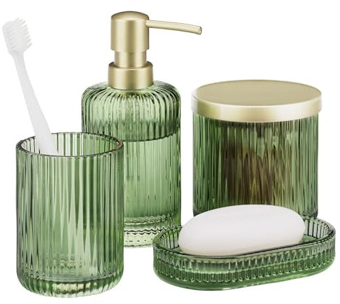 Navaris Set 4X Accessori Bagno - Bicchiere Porta Spazzolino e Porta Saponetta - Dispenser Sapone - Contenitore Dischetti Struccanti e Cotton Fioc - Verde Salvia