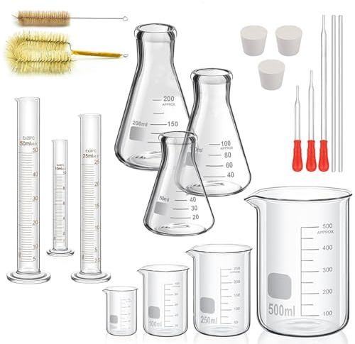 ZEEROQOLAB Glass Erlenmeyer Flask Set(150 ml/100 ml/50 ml), with 4pcs Graduated Beaker, 3pcs Glass Measuring Cylinder with 3pcs Dropper, 2pcs Washing Brush, 2pcs Stirring Rod