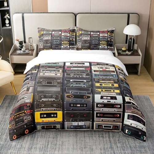 Erosebridal 100% Natural Cotton Vintage Radios Bedding Set Retro Music Tape Printed Comforter Cover Cassette Music Playback Record Duvet Cover for Kids Boys Girls Teens Hip Hop Bed Set,Queen Size