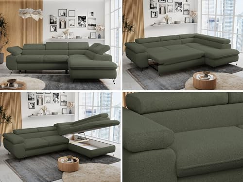 MKS MEBLE Ecksofa Wohnlandschaft L-Form mit Schlaffunktion und Bettkasten, Schlafsofa mit Bettkasten, Sofa mit Einstellbare Kopfstützen, Peter L - Boucle - Rechts Grün